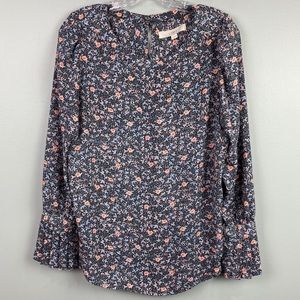 LOFT Floral Long Sleeve Blouse Size Medium Black